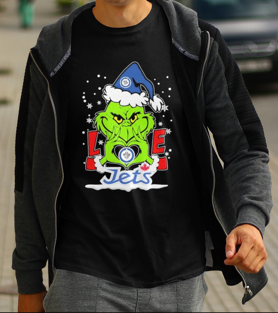 Grinch Heart Hands Love Winnipeg Jets Christmas Santa Hat Snowflakes T-Shirt