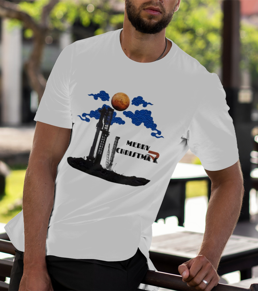 Merry Christmas Mars Rocket Mars Planet Blue Clouds T-Shirt