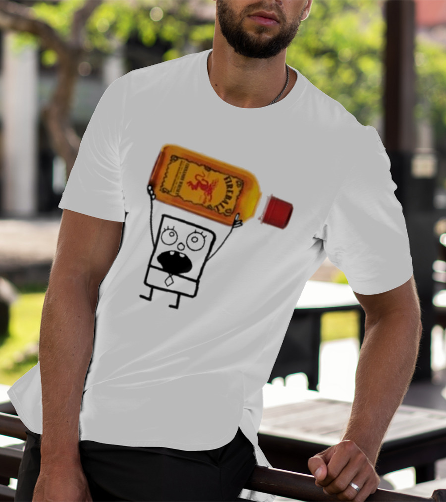 Doodlebob Fireball Whiskey Character Holding Iconic Liquor Bottle T-Shirt