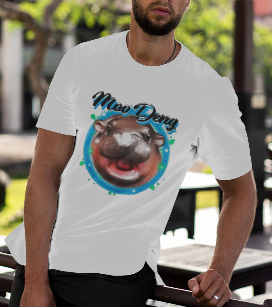 Moo Deng Cute Hippo Face With Blue Background T-Shirt