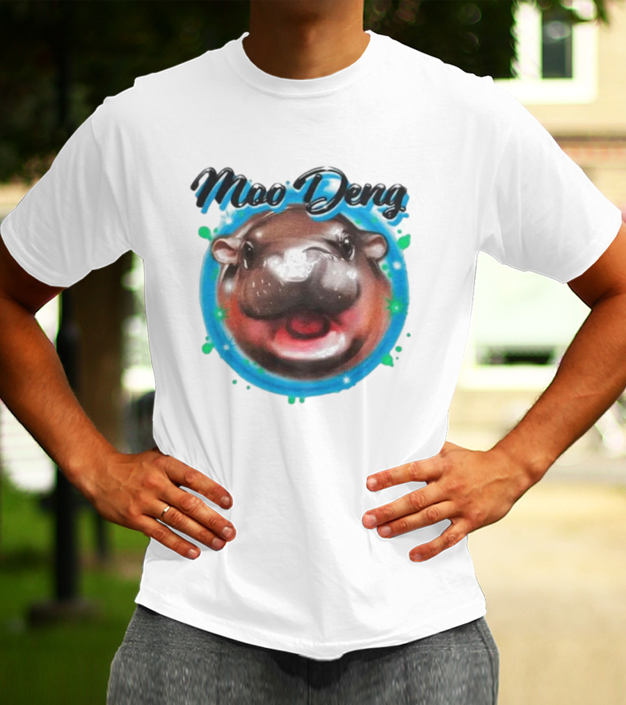 Moo Deng Cute Hippo Face With Blue Background T-Shirt
