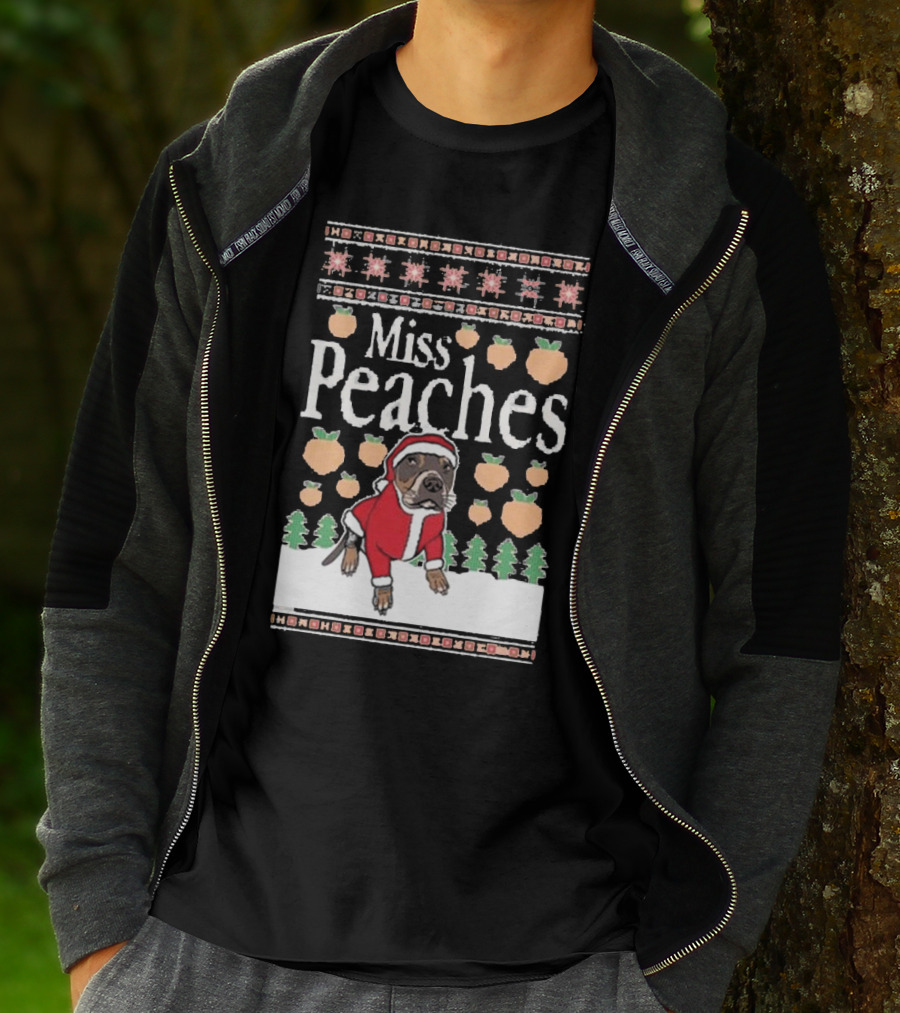 Miss Peaches Christmas Dog With Peaches And Christmas Trees T-Shirt