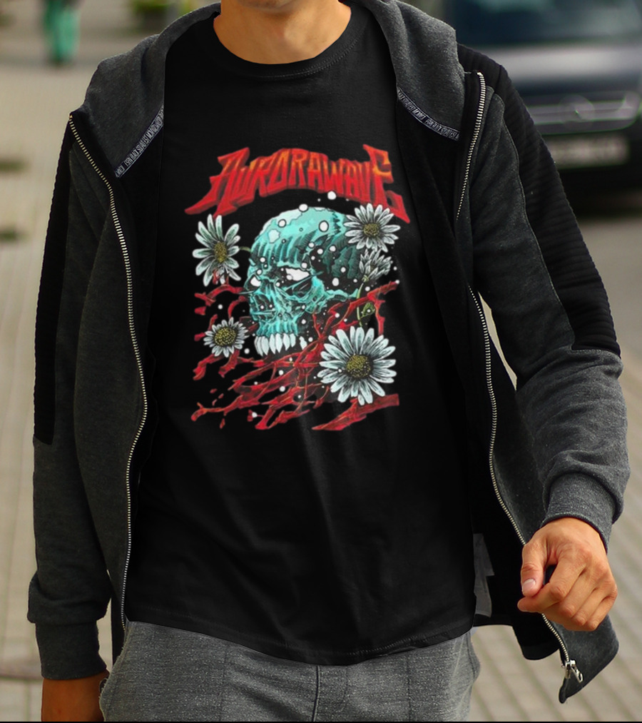 Aurora Wave Skull With Flowers And Red Vines T-Shirt
