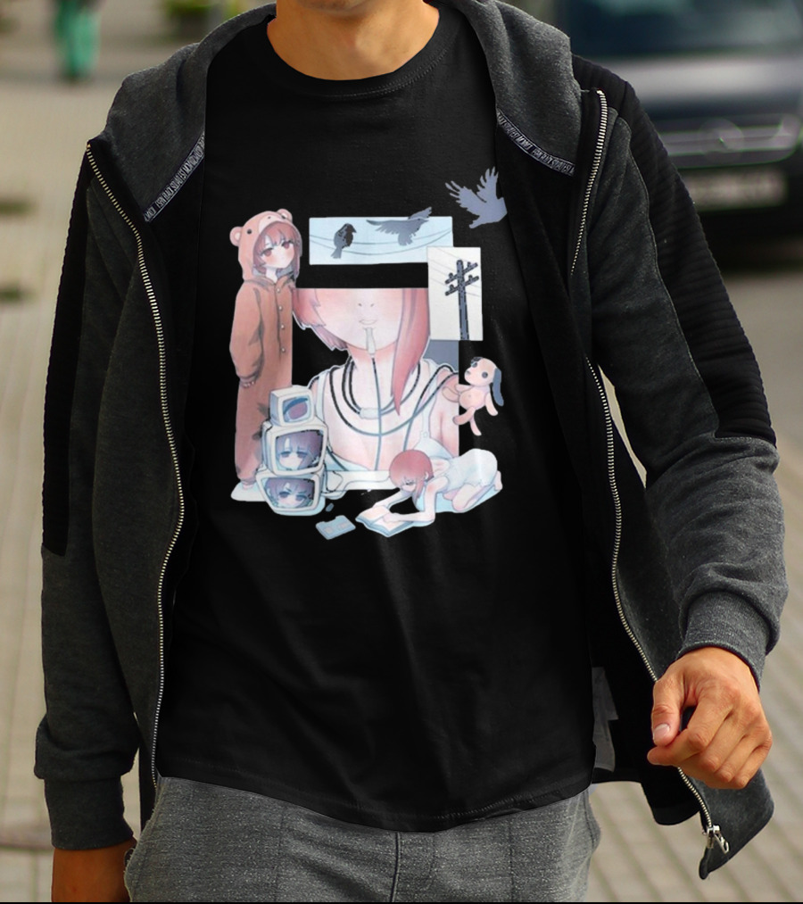 Serial Experiments Lain Wired Bear Hoodie Monitors And Flock Of Birds T-Shirt