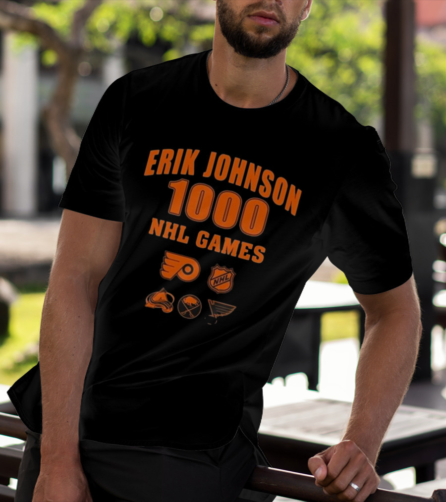 Erik Johnson 1000 NHL Games Philadelphia Flyers Colorado Avalanche Buffalo Sabres St. Louis Blues T-Shirt