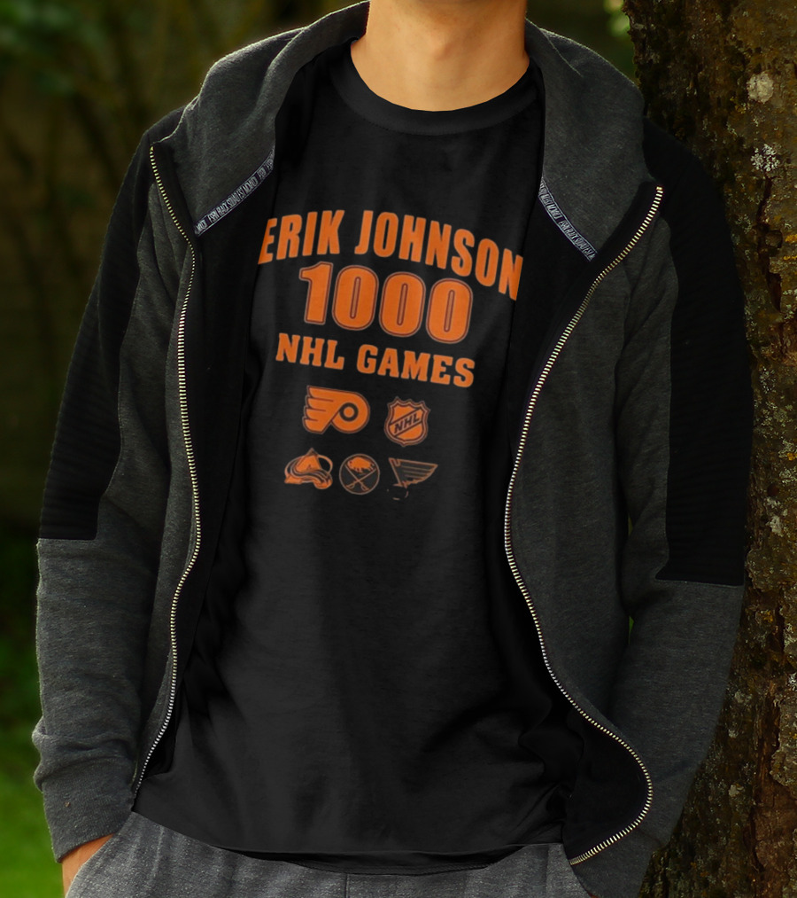 Erik Johnson 1000 NHL Games Philadelphia Flyers Colorado Avalanche Buffalo Sabres St. Louis Blues T-Shirt