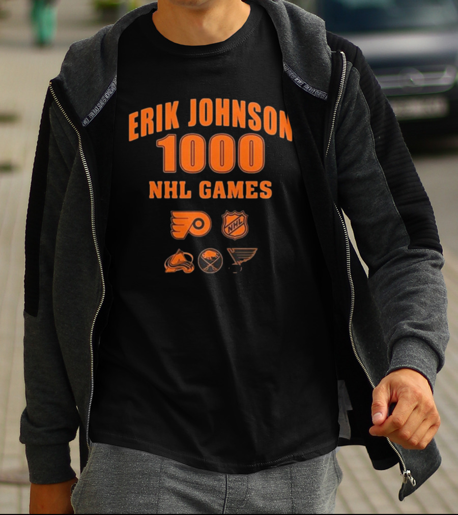 Erik Johnson 1000 NHL Games Philadelphia Flyers Colorado Avalanche Buffalo Sabres St. Louis Blues T-Shirt