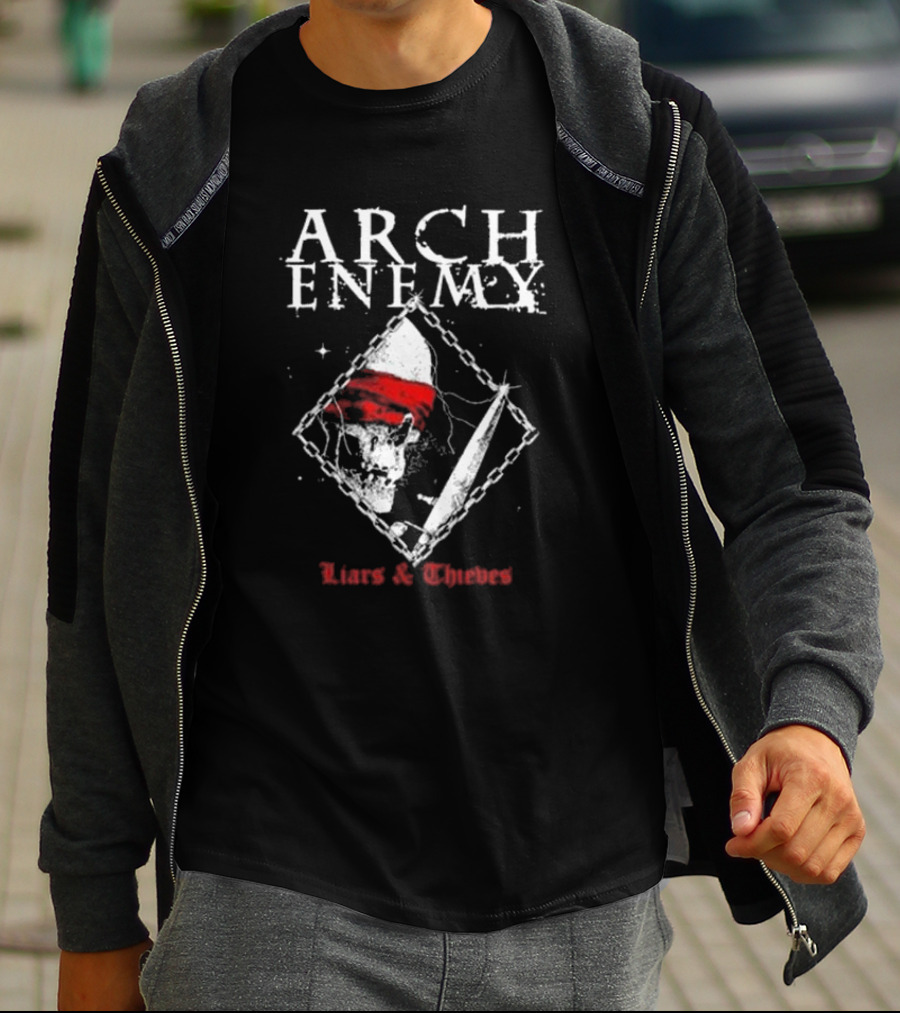 Arch Enemy Skull With Bandana, Knife, And Chains Liars And Thieves T-Shirt