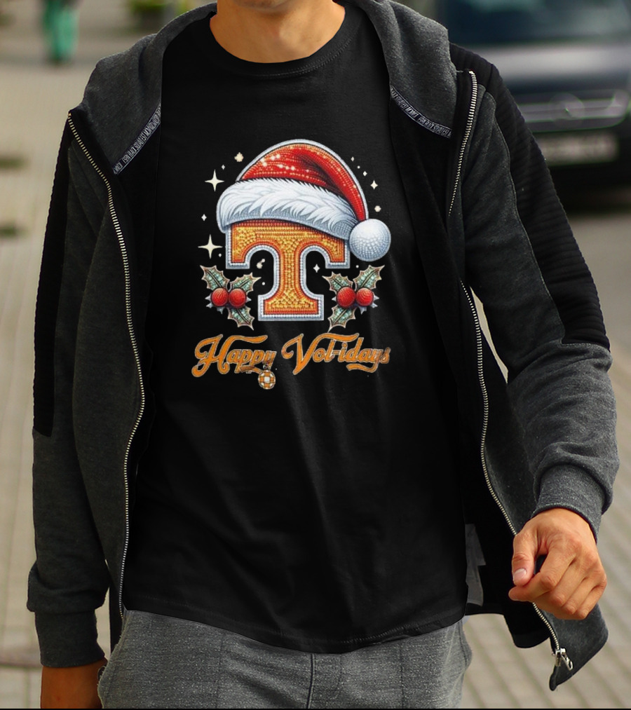 Happy Vol-idays Santa Hat T With Holly And Stars T-Shirt