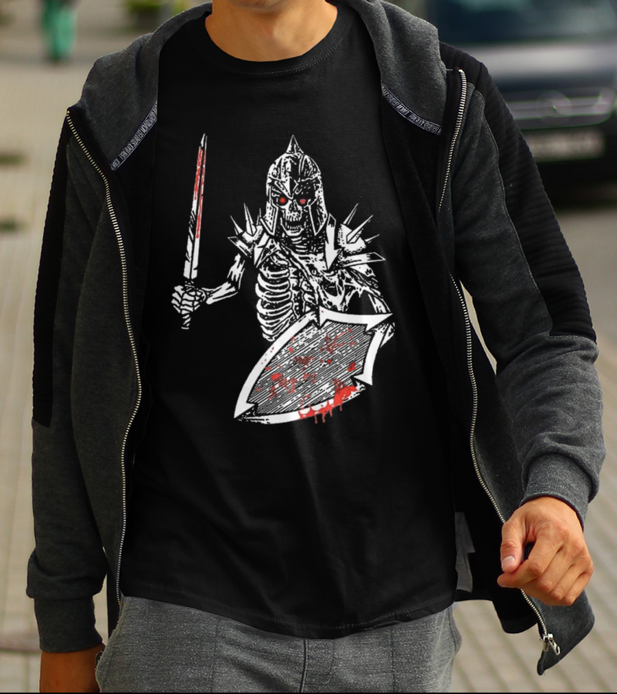 Gatecreeper Bloody Skeleton Warrior With Blood-Soaked Sword And Shield T-Shirt