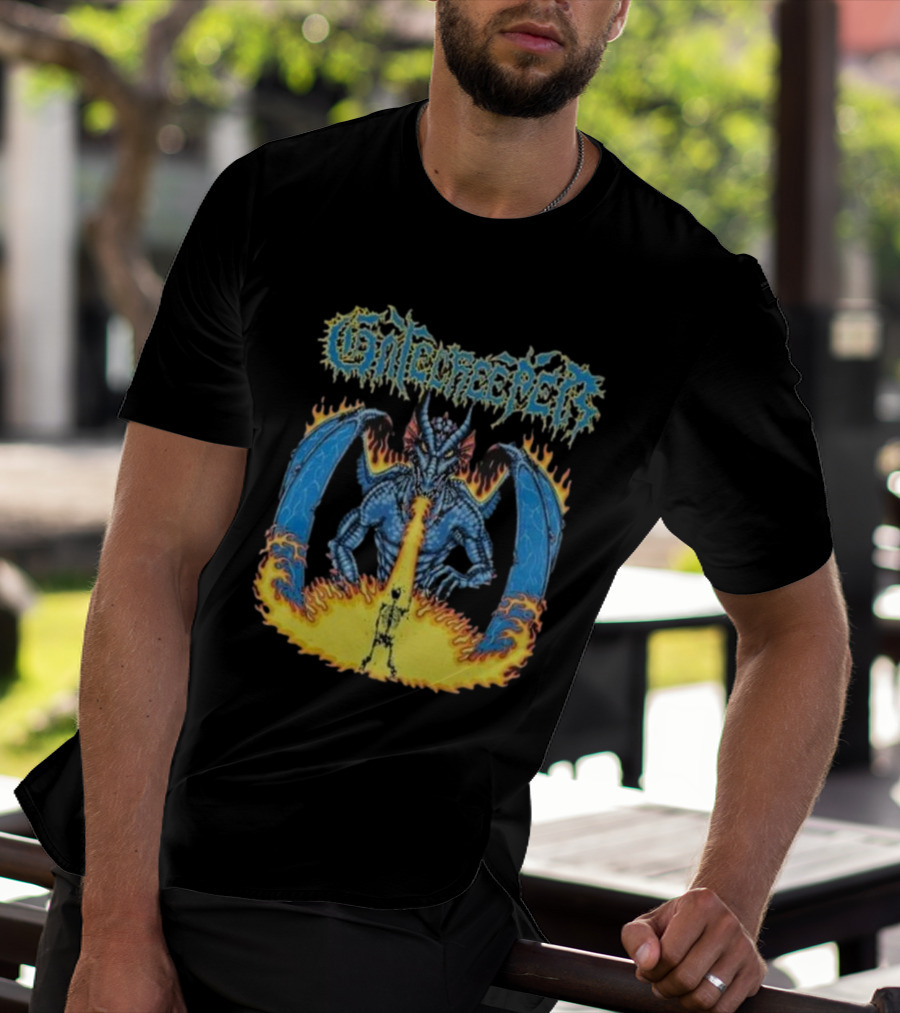 Gatecreeper Blue Dragon Breathing Fire With Fiery Surroundings T-Shirt