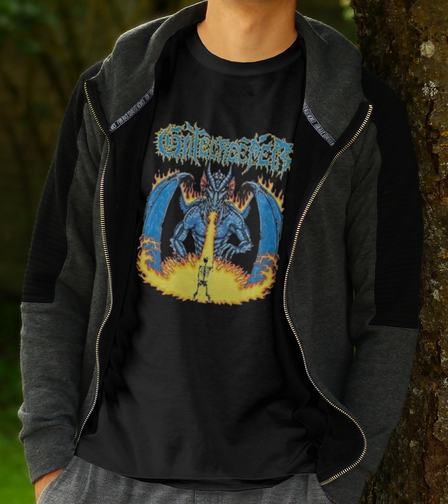 Gatecreeper Blue Dragon Breathing Fire With Fiery Surroundings T-Shirt