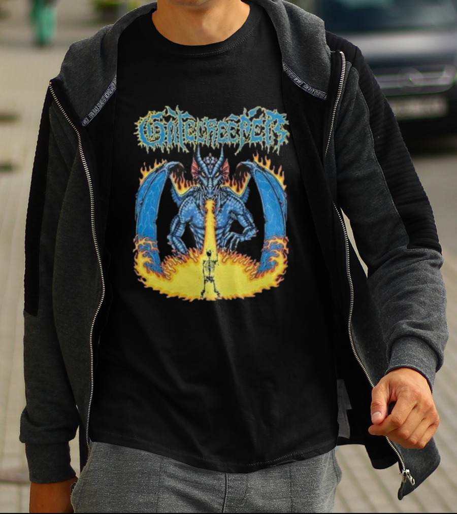 Gatecreeper Blue Dragon Breathing Fire With Fiery Surroundings T-Shirt