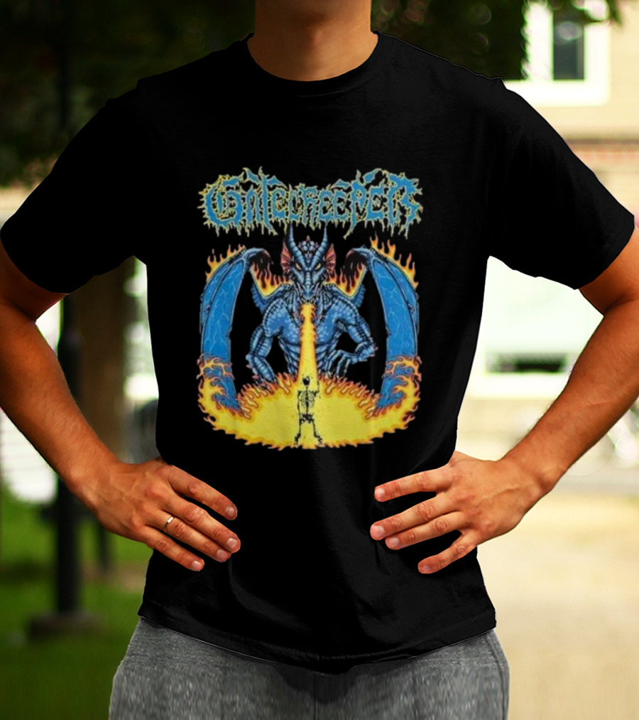 Gatecreeper Blue Dragon Breathing Fire With Fiery Surroundings T-Shirt