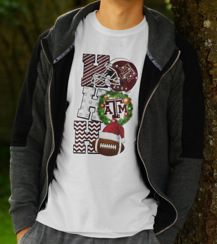 Texas A M Aggies Football Christmas Ho Ho Ho ATM Helmet Wreath Football T-Shirt