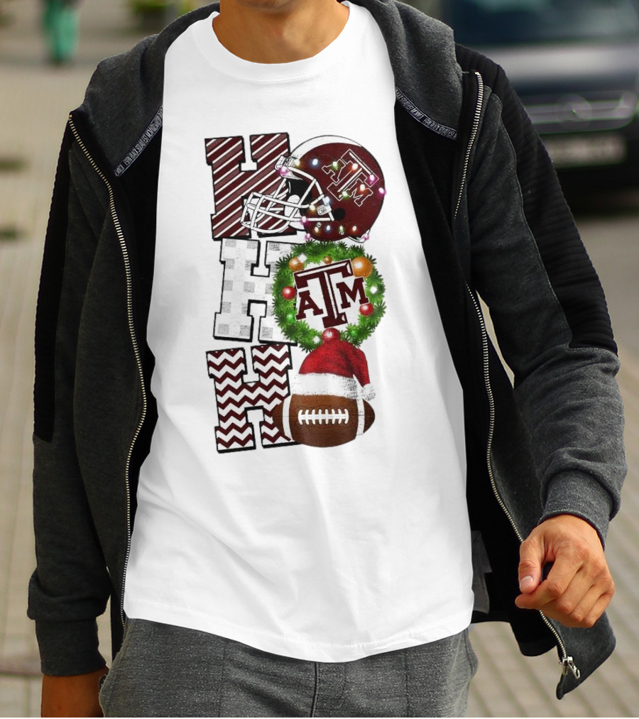 Texas A M Aggies Football Christmas Ho Ho Ho ATM Helmet Wreath Football T-Shirt