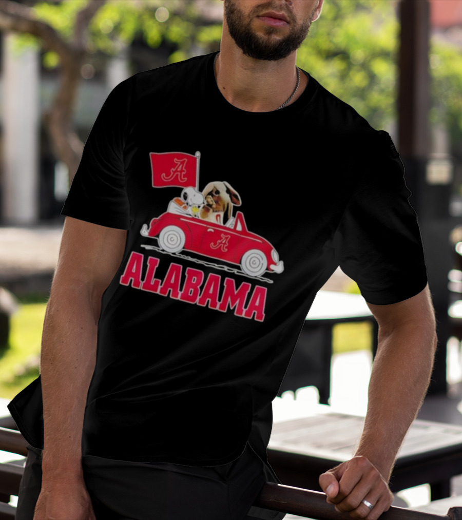 Snoopy And Big Al Driving Red Car With Alabama Flag Crimson Tide T-Shirt