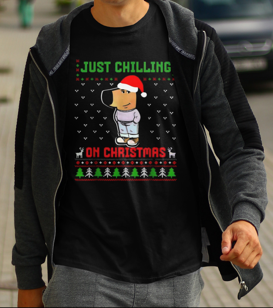 Just Chilling On Christmas Ugly Sweater Santa Hat Dog T-Shirt