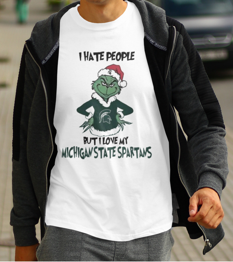 I Hate People But I Love My Michigan State Spartans Grinch Christmas Santa Hat T-Shirt
