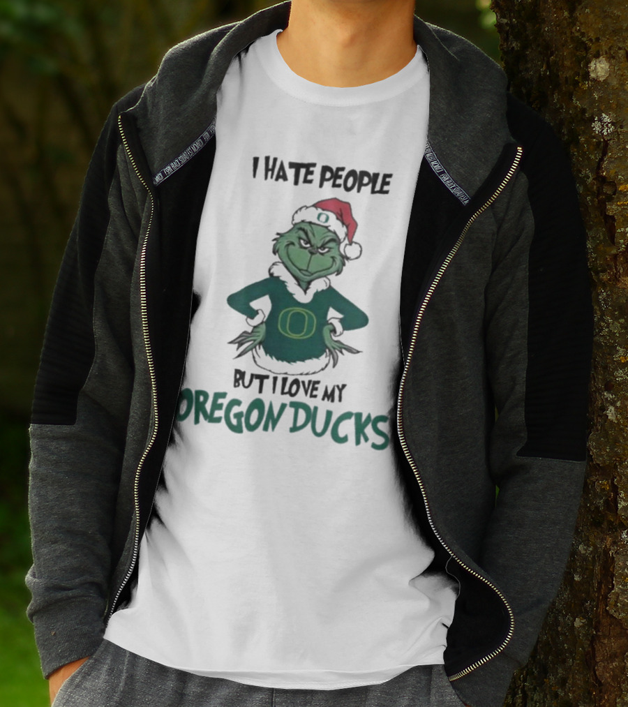 I Hate People But I Love My Oregon Ducks Grinch In Santa Hat Merry Christmas T-Shirt