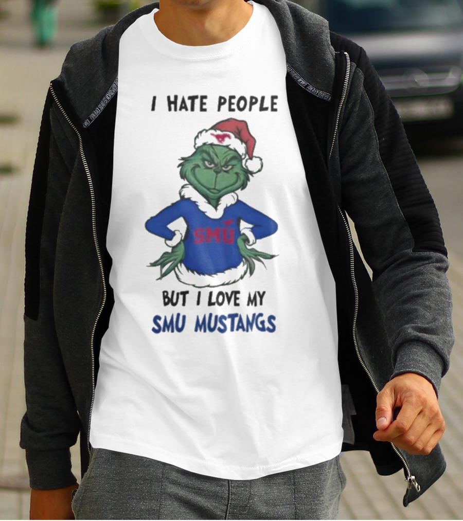 I Hate People But I Love My SMU Mustangs Grinch Santa Hat Christmas T-Shirt