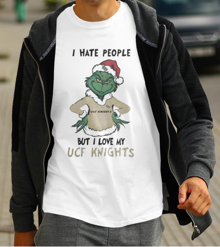 Grinch In Santa Hat I Hate People But I Love My UCF Knights Christmas T-Shirt