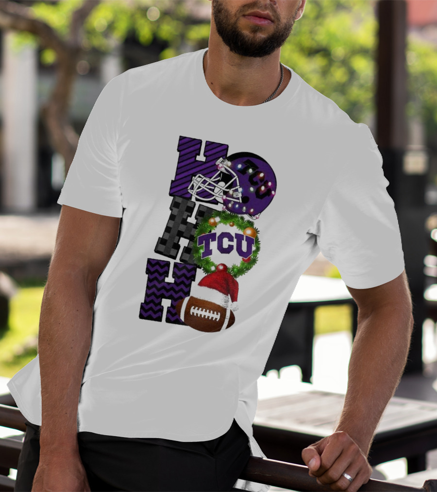 TCU Horned Frogs Football Christmas Ho Ho Ho Helmet And Wreath Game Day T-Shirt
