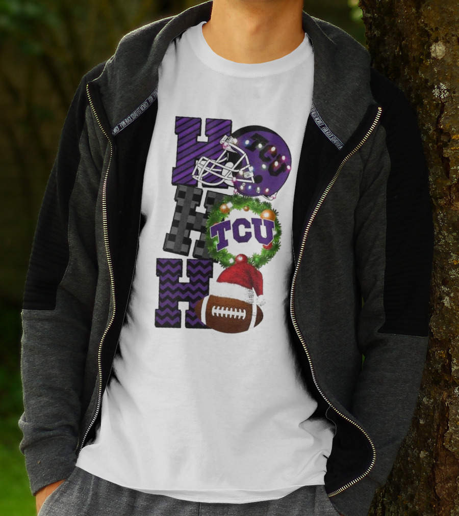 TCU Horned Frogs Football Christmas Ho Ho Ho Helmet And Wreath Game Day T-Shirt