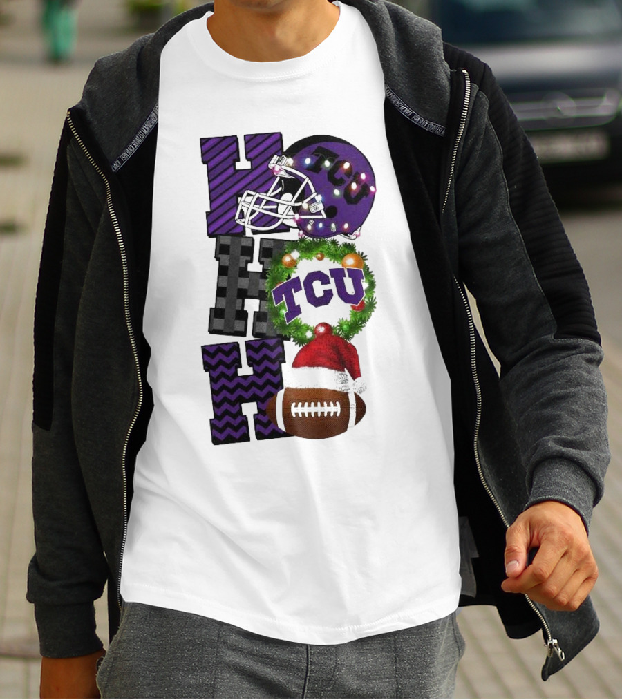 TCU Horned Frogs Football Christmas Ho Ho Ho Helmet And Wreath Game Day T-Shirt