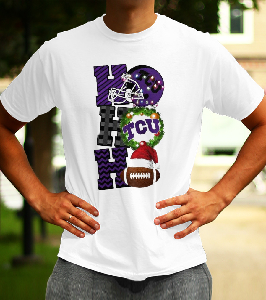 TCU Horned Frogs Football Christmas Ho Ho Ho Helmet And Wreath Game Day T-Shirt