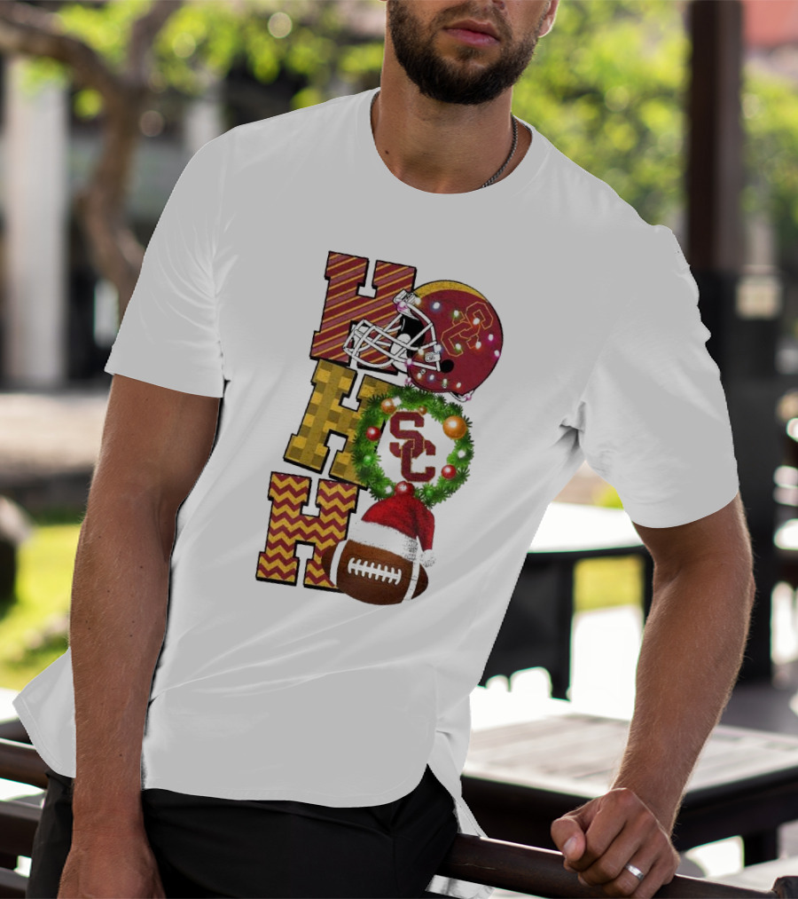 USC Trojans Football Christmas Ho Ho Ho SC Festive Helmet Wreath Game Day T-Shirt