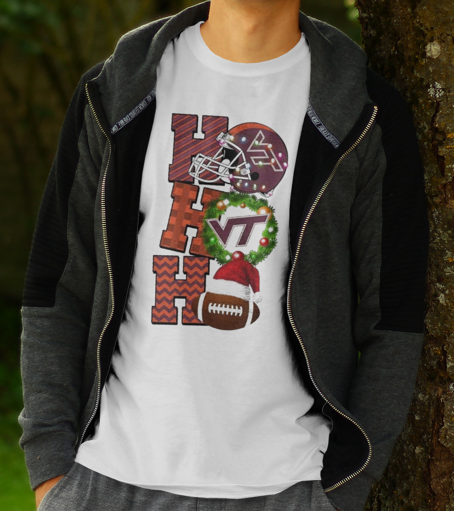 Virginia Tech Hokies Football Christmas Ho Ho Ho VT Helmet Wreath Game Day T-Shirt