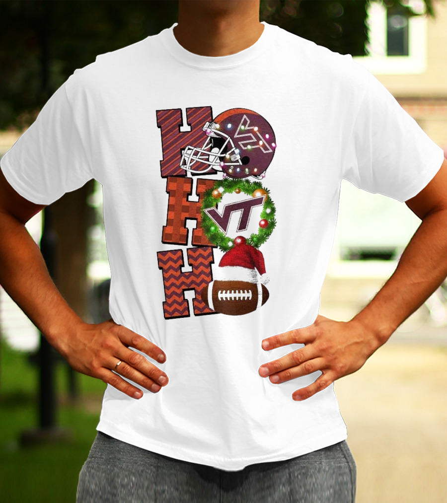 Virginia Tech Hokies Football Christmas Ho Ho Ho VT Helmet Wreath Game Day T-Shirt