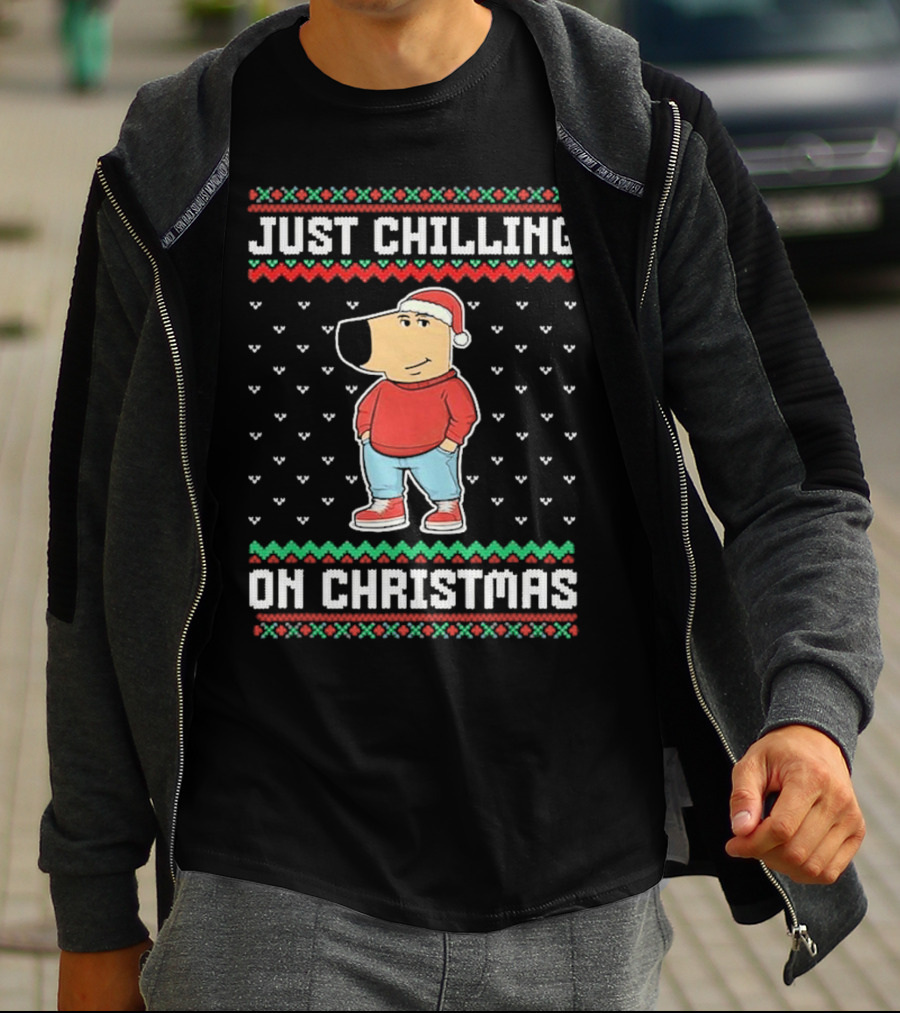 Chill Guy Meme Just Chilling On Christmas Sweater Style Santa Hat Red Green T-Shirt