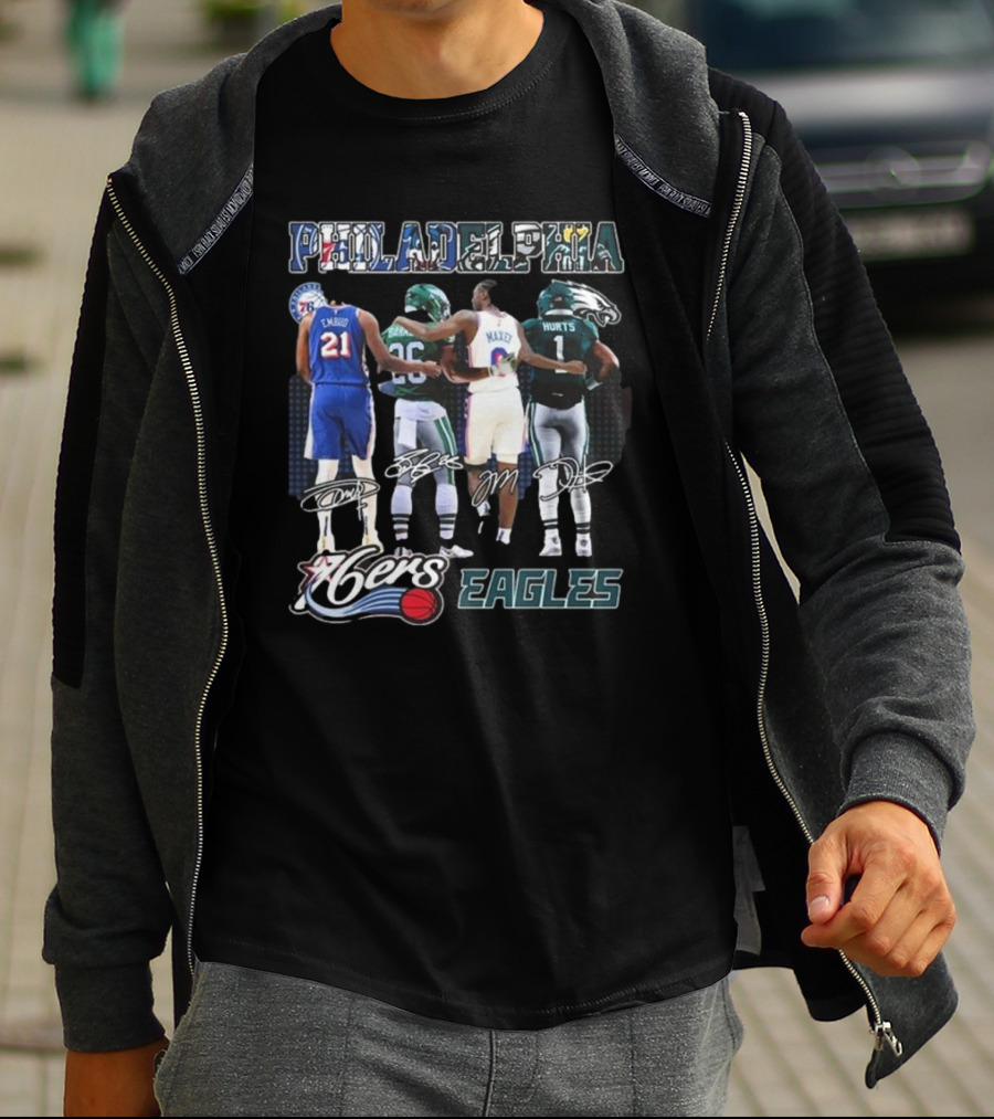 Philadelphia 76ers Joel Embiid And Philadelphia Eagles Sanders Hurts Collaborative Signature T-Shirt