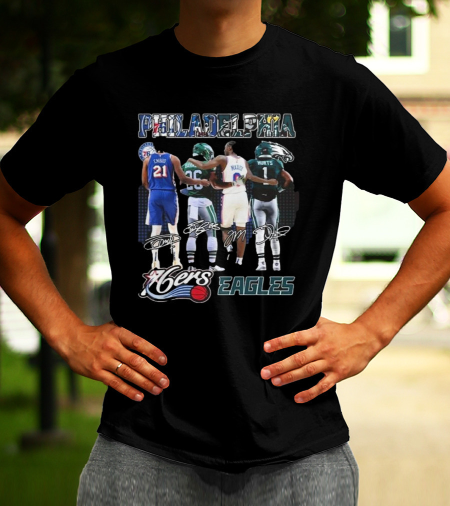 Philadelphia 76ers Joel Embiid And Philadelphia Eagles Sanders Hurts Collaborative Signature T-Shirt