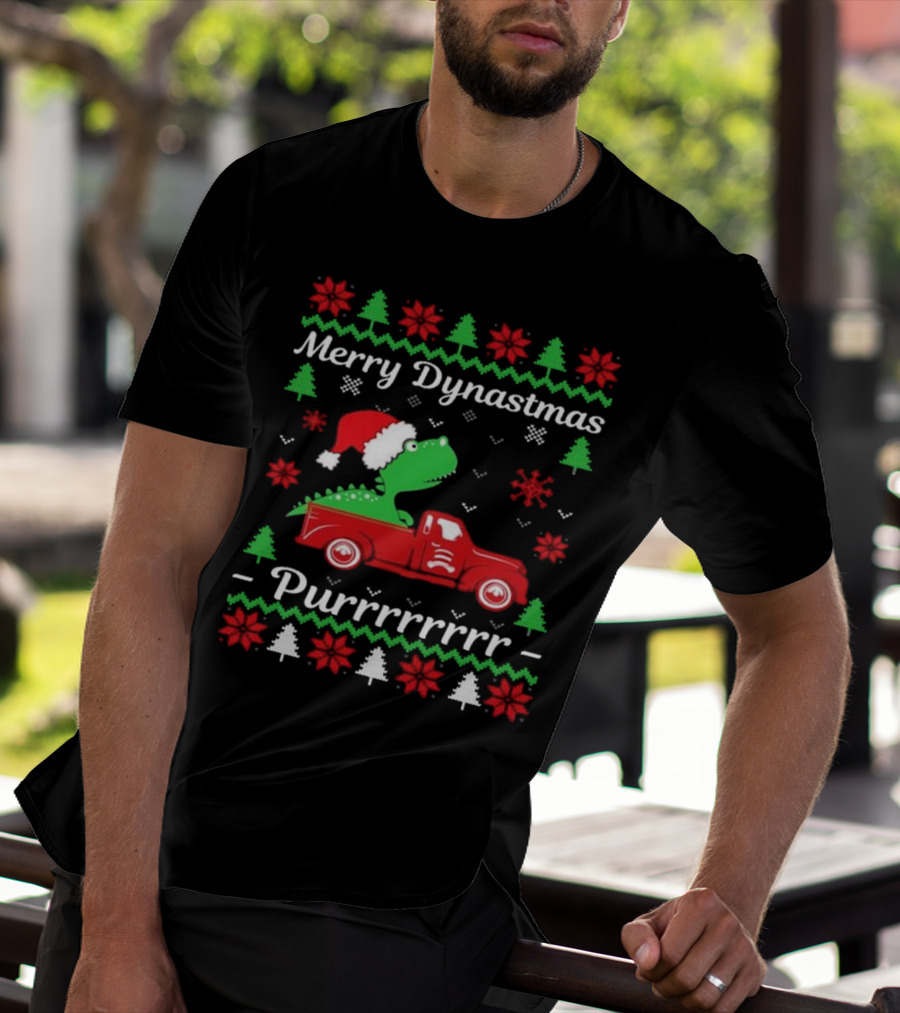 Merry Dynastmas Dinosaur Santa Hat Red Truck Ugly Christmas Purrrrrrrr T-Shirt
