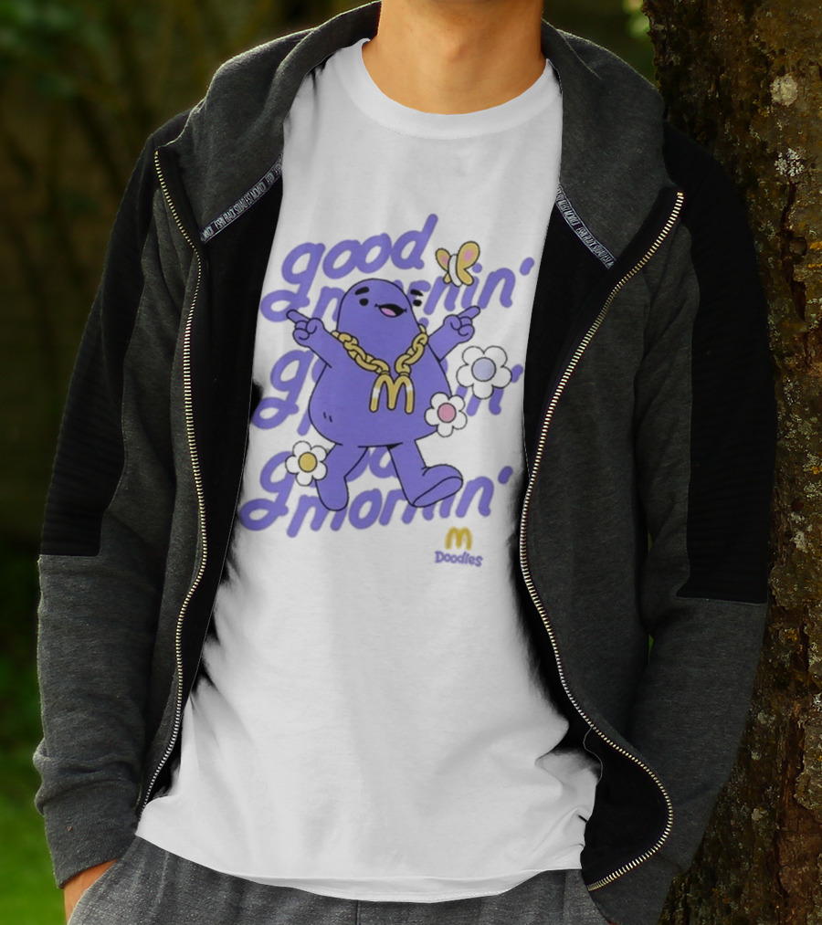 Good Mornin’ Grimace Doodles McDonald’s Butterfly Flowers T-Shirt