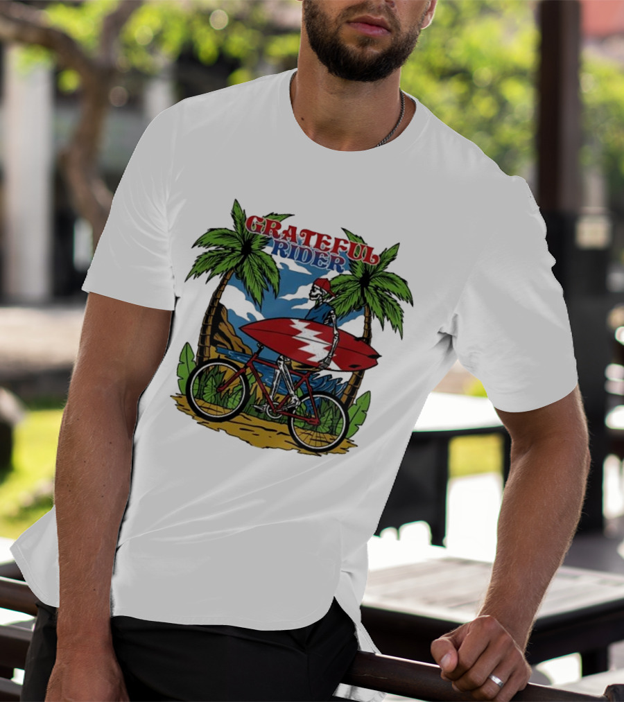 Grateful Rider Skeleton Beach Cruiser With Surfboard And Palm Trees T-Shirt