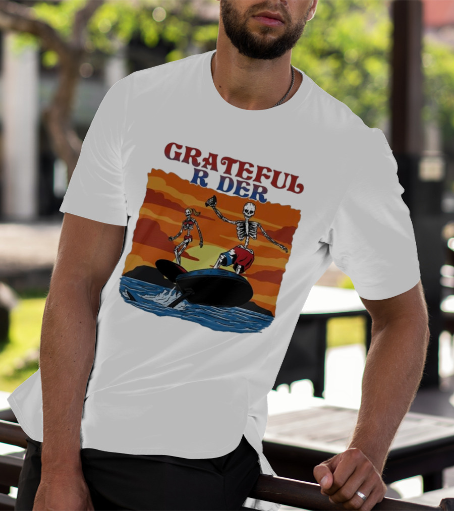 Grateful Rider Skeletons Surfing Sunset E-foil Adventure T-Shirt