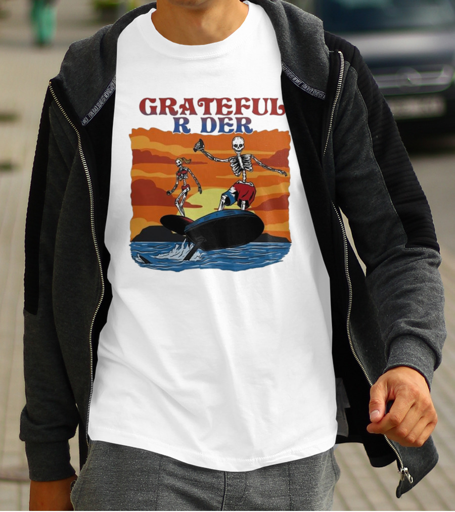 Grateful Rider Skeletons Surfing Sunset E-foil Adventure T-Shirt