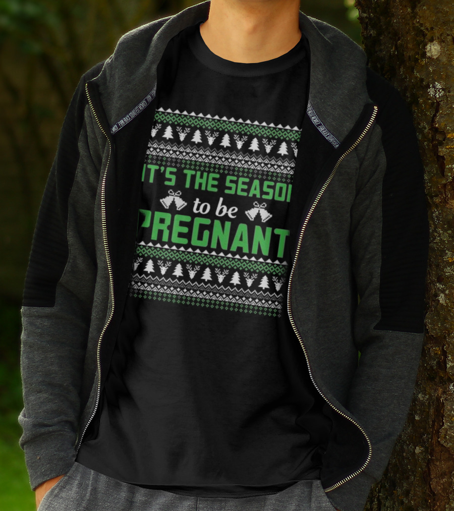 It's The Season To Be Pregnant Ugly Christmas Sweater Pattern With Trees And Bells T-Shirt