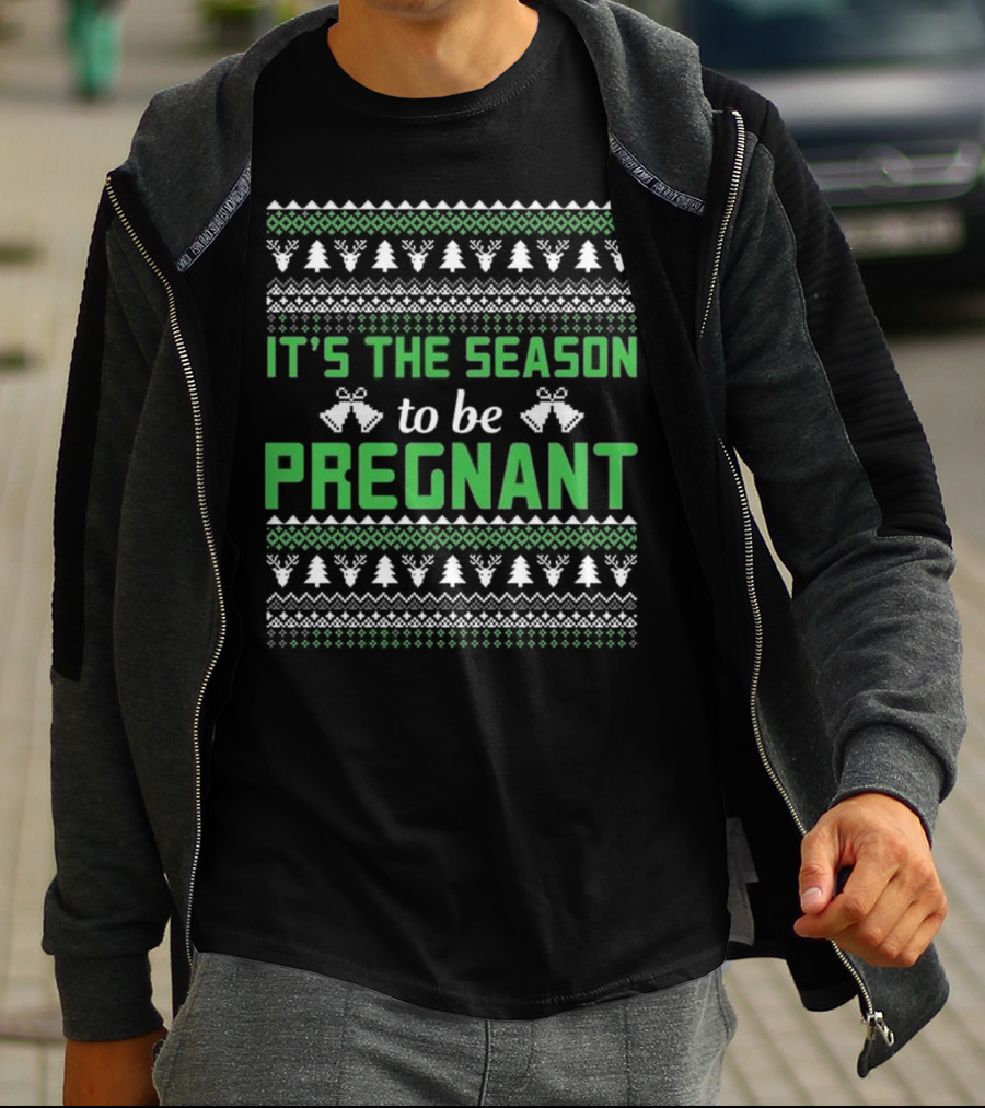 It's The Season To Be Pregnant Ugly Christmas Sweater Pattern With Trees And Bells T-Shirt