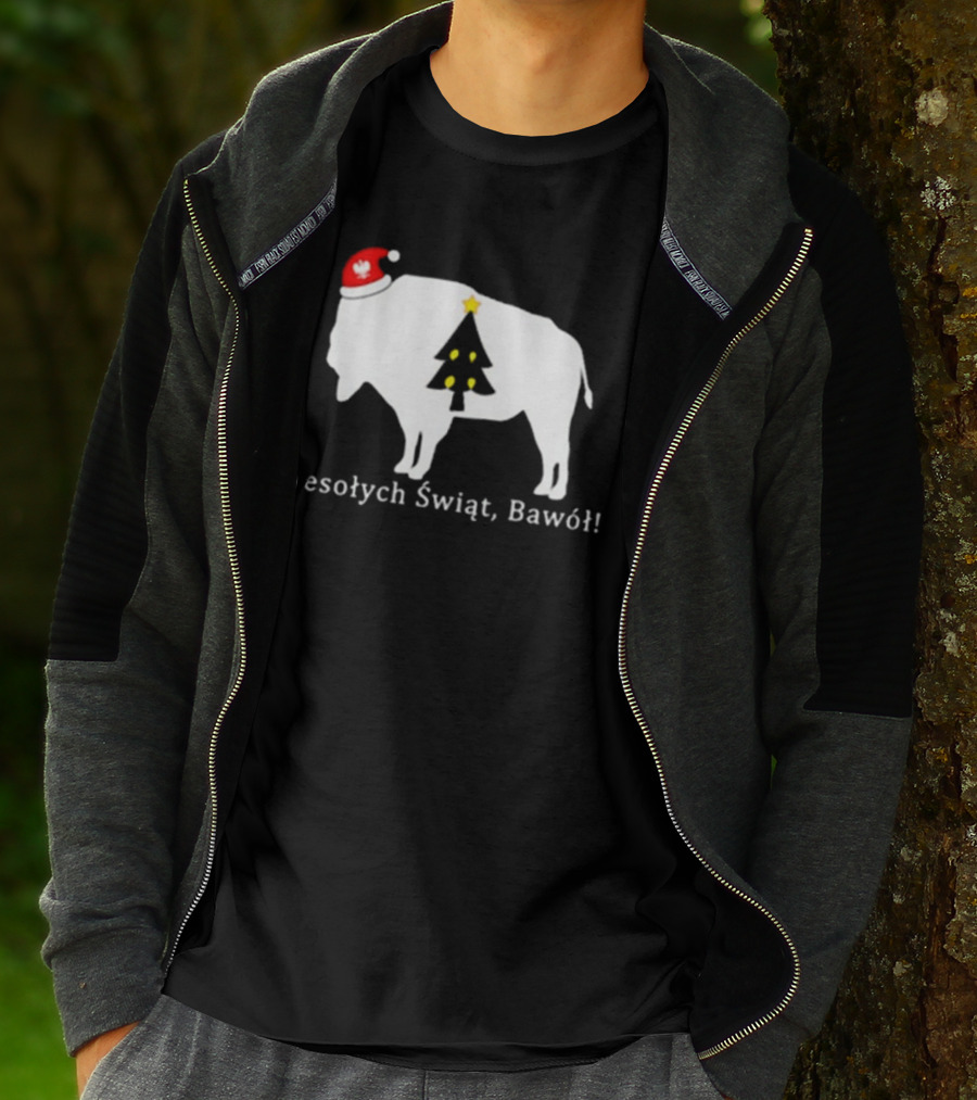 Merry Christmas Buffalo Wesolych Swiat Bawol Santa Hat Christmas Tree T-Shirt