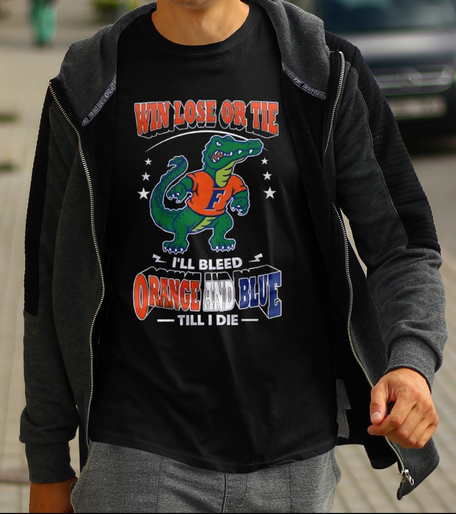 Win Lose Or Tie I'll Bleed Orange And Blue Till I Die Florida Gators Mascot T-Shirt