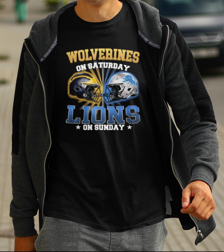 Wolverines On Saturday Lions On Sunday Football Helmets Showdown T-Shirt