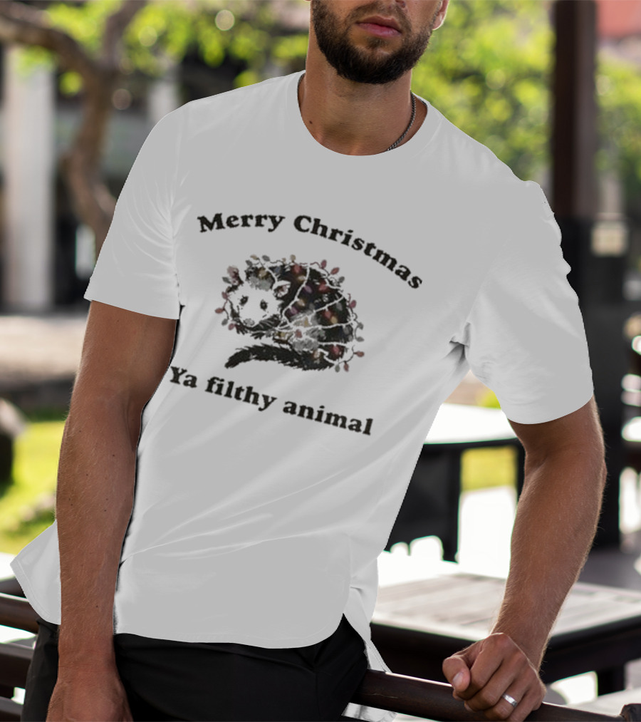 Merry Christmas Ya Filthy Animal Opossum With Christmas Lights T-Shirt