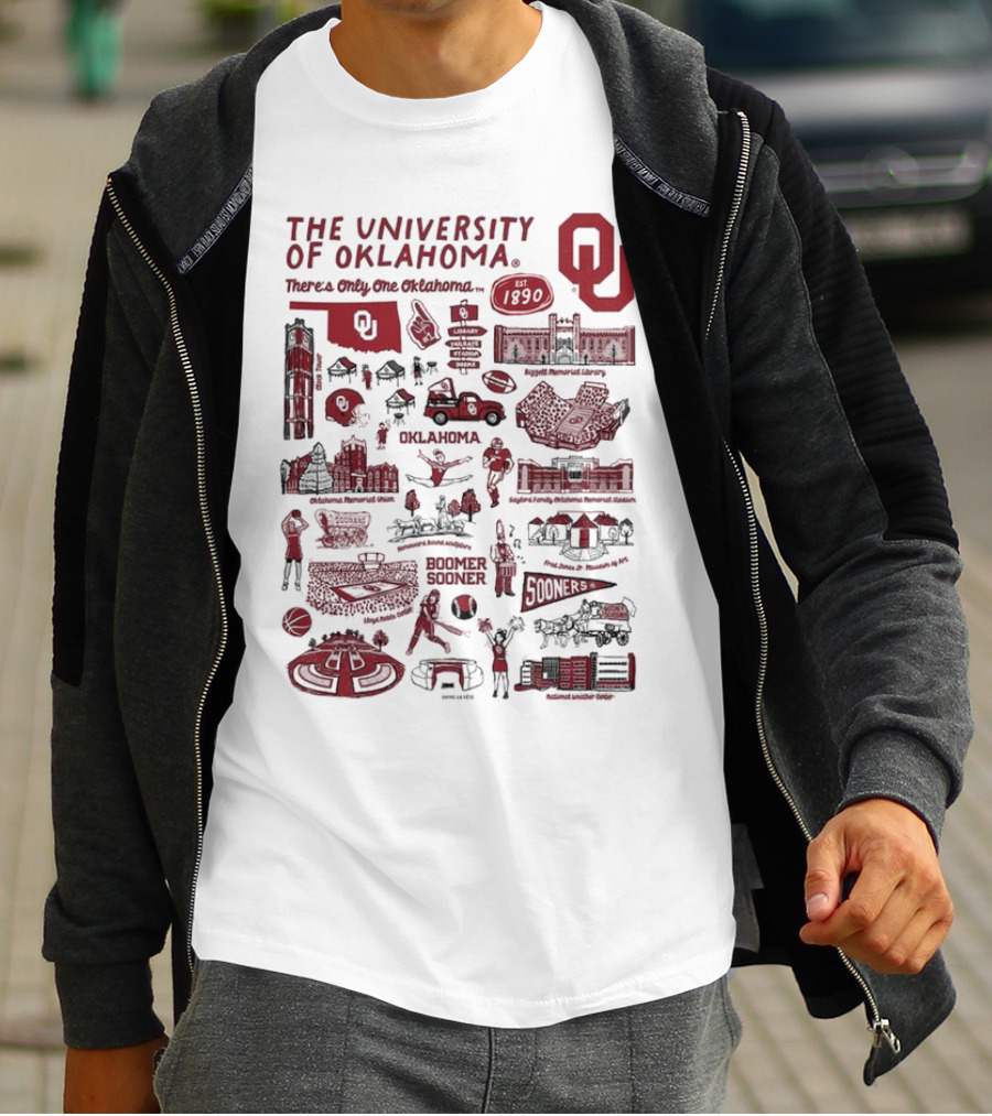 The University Of Oklahoma There's Only One Oklahoma Est 1890 OU Boomer Sooner Landmarks And Traditions T-Shirt