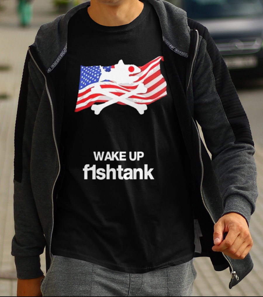 Wake Up Fishtank American Flag Crossbones T-Shirt