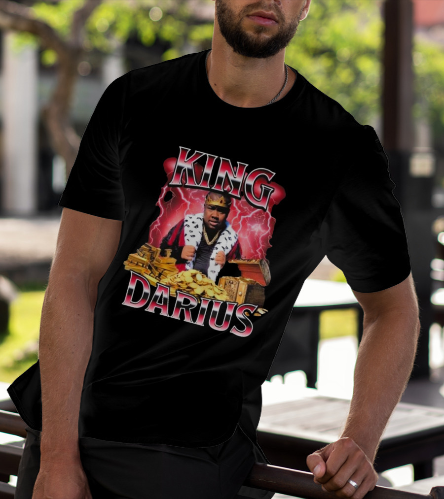 King Darius Royal Gold Treasure With Crown And Lightning Background T-Shirt